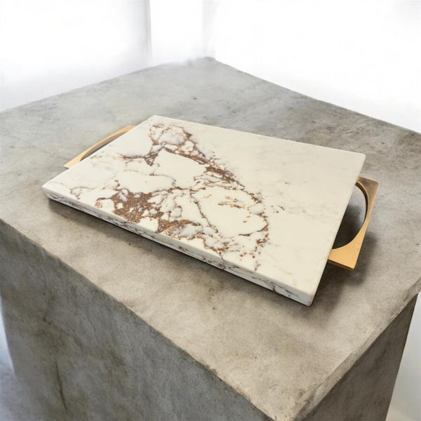 Marble serving tray gold handles blanco bronze